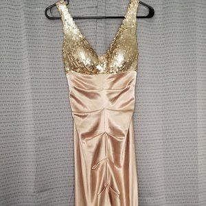 Cache Gold Sequin and Blush Satin Prom Dress